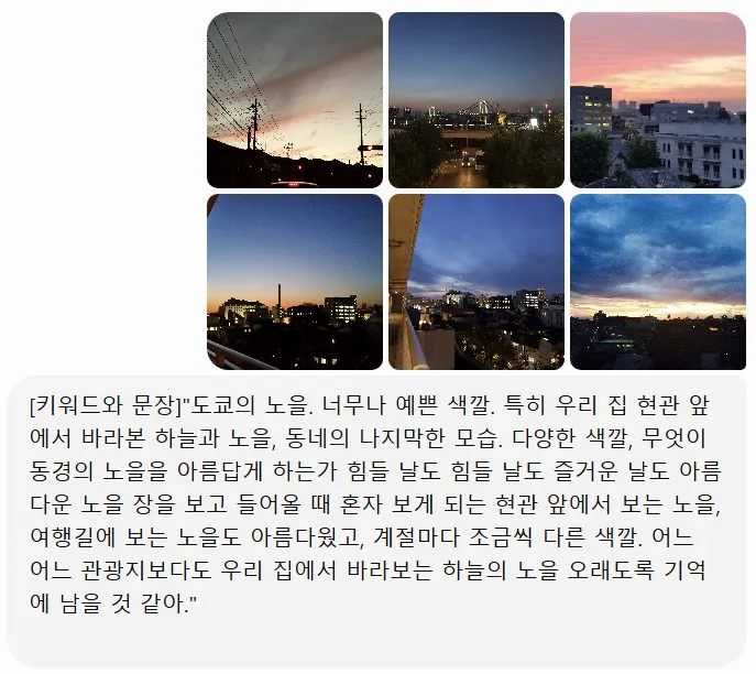 일몰을 보여주는 한국어 문자 메시지 스크린샷