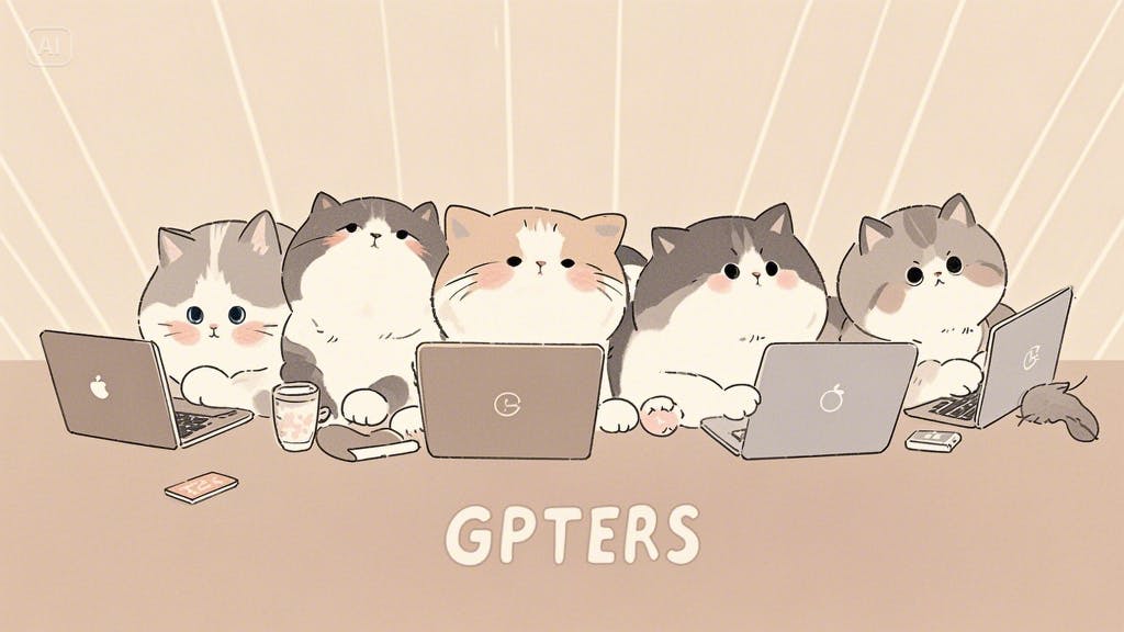 노트북을 들고 테이블 주위에 앉아 있는 고양이 무리