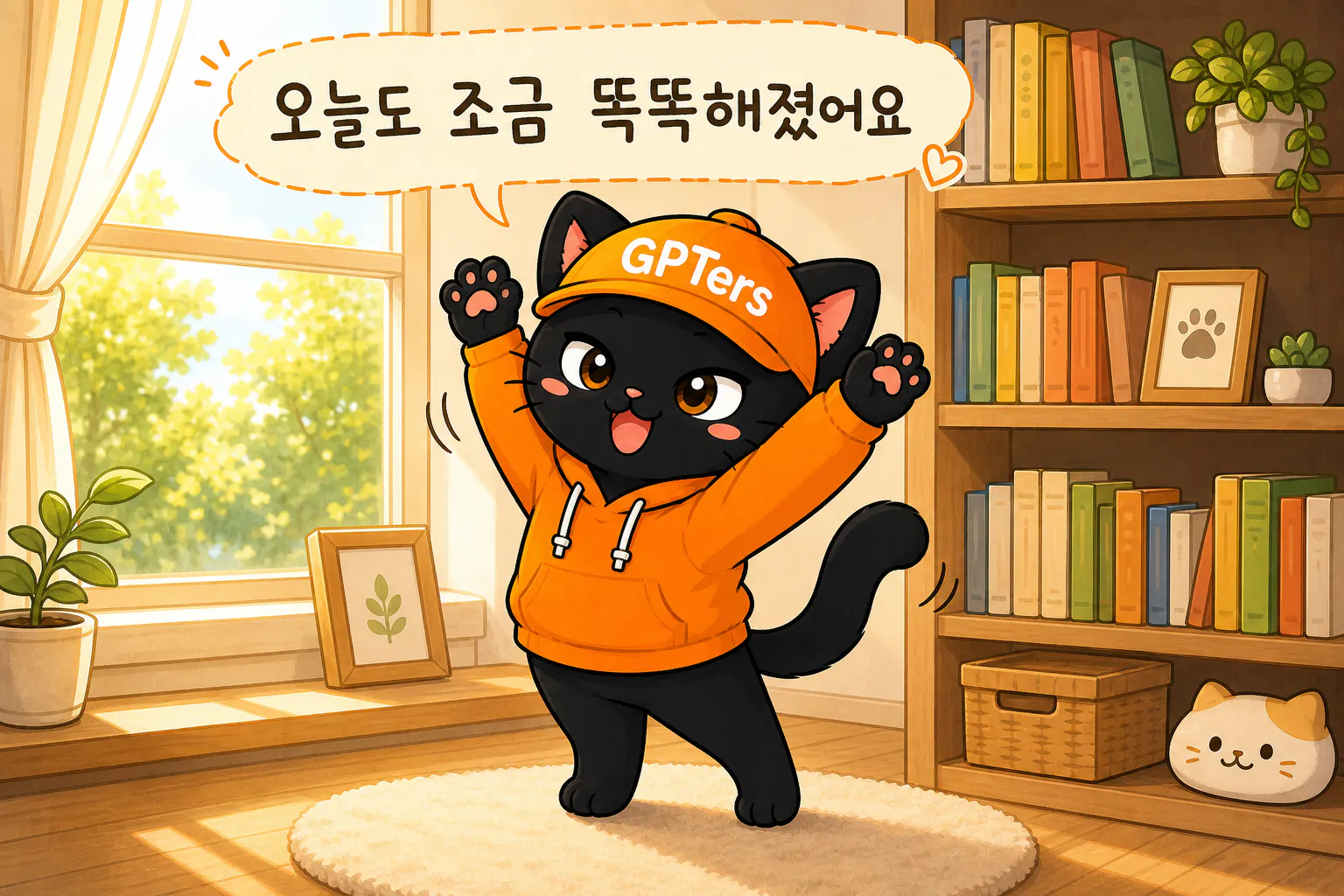 책장 앞에 주황색 후드티를 입은 만화 고양이