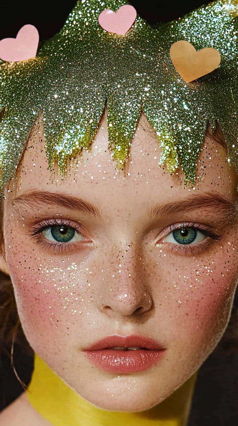 그녀의 얼굴에 녹색 반짝이가있는 모델