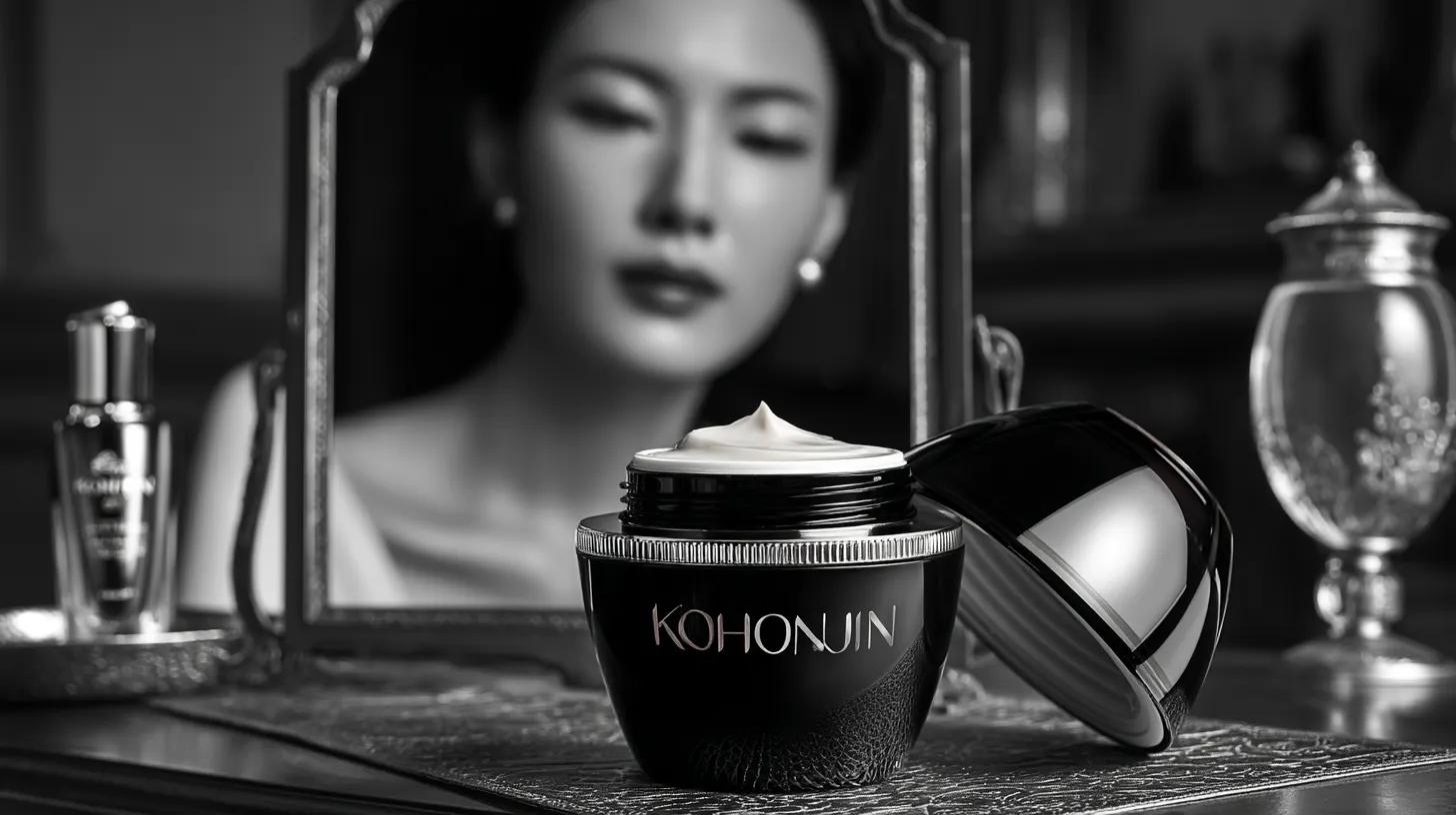 거울 앞에 크림 항아리를 가진 여자의 흑백 사진