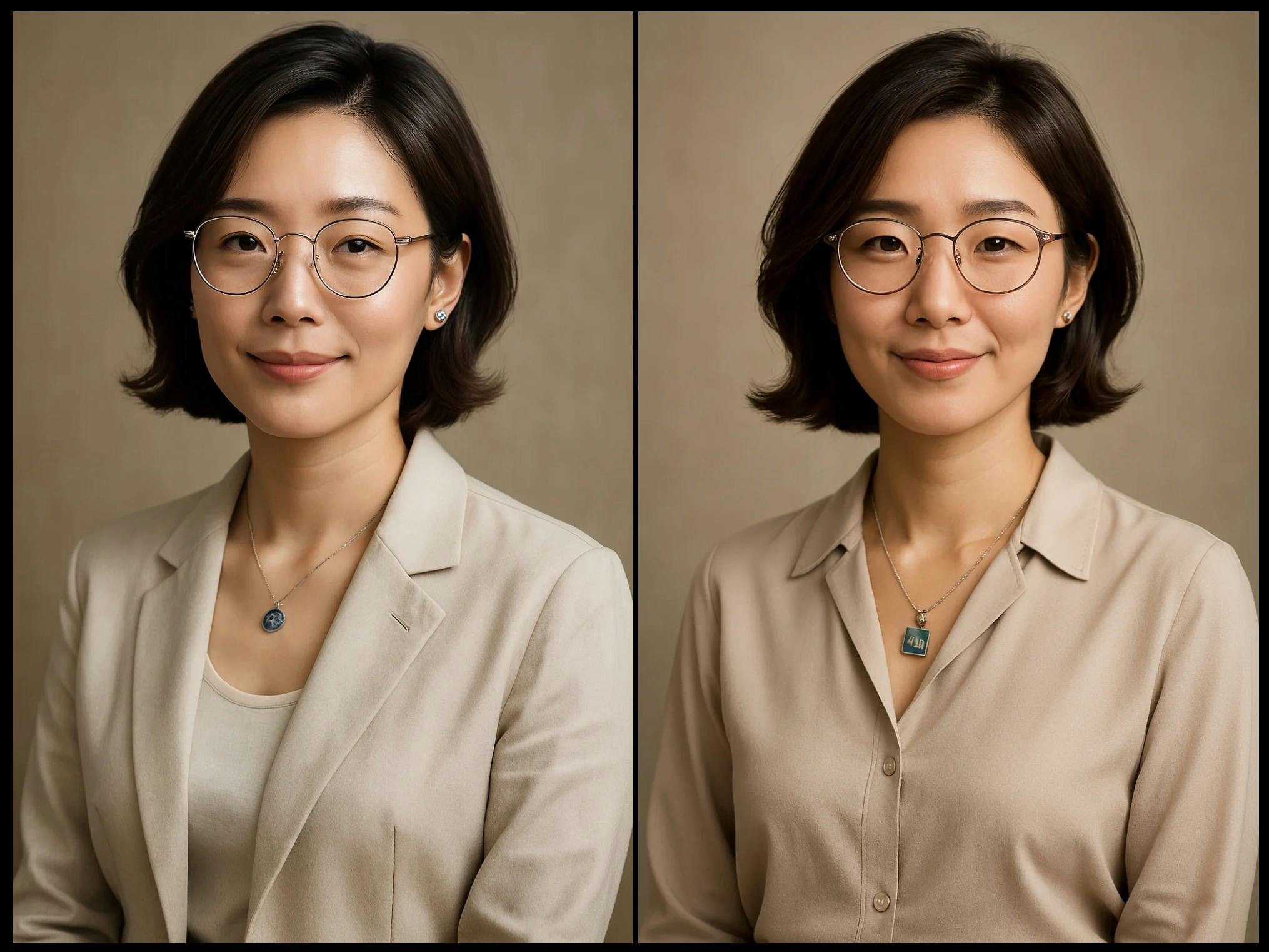 안경을 쓴 아시아 여성의 두 사진
