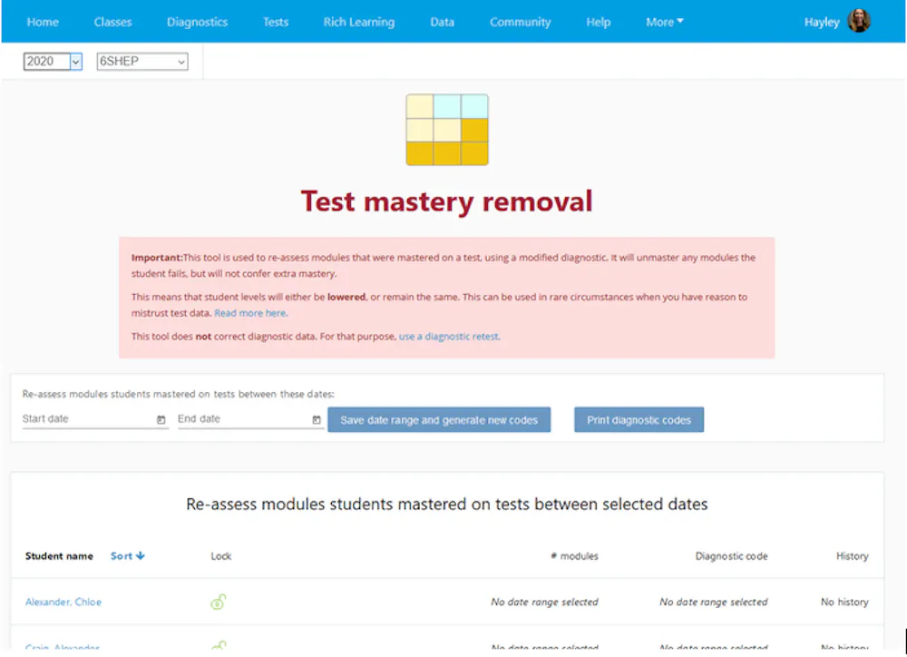 Test mastery removal tool in Maths Pathway Classic