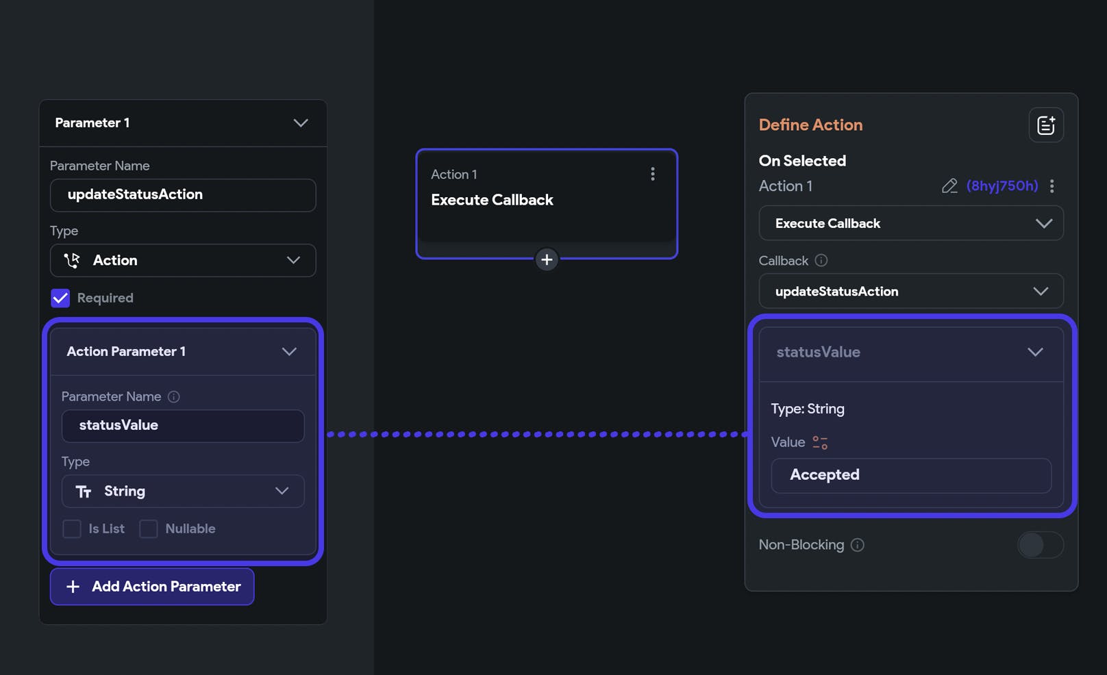 FlutterFlow Action Flow Editor with Callback Actions and Parameters