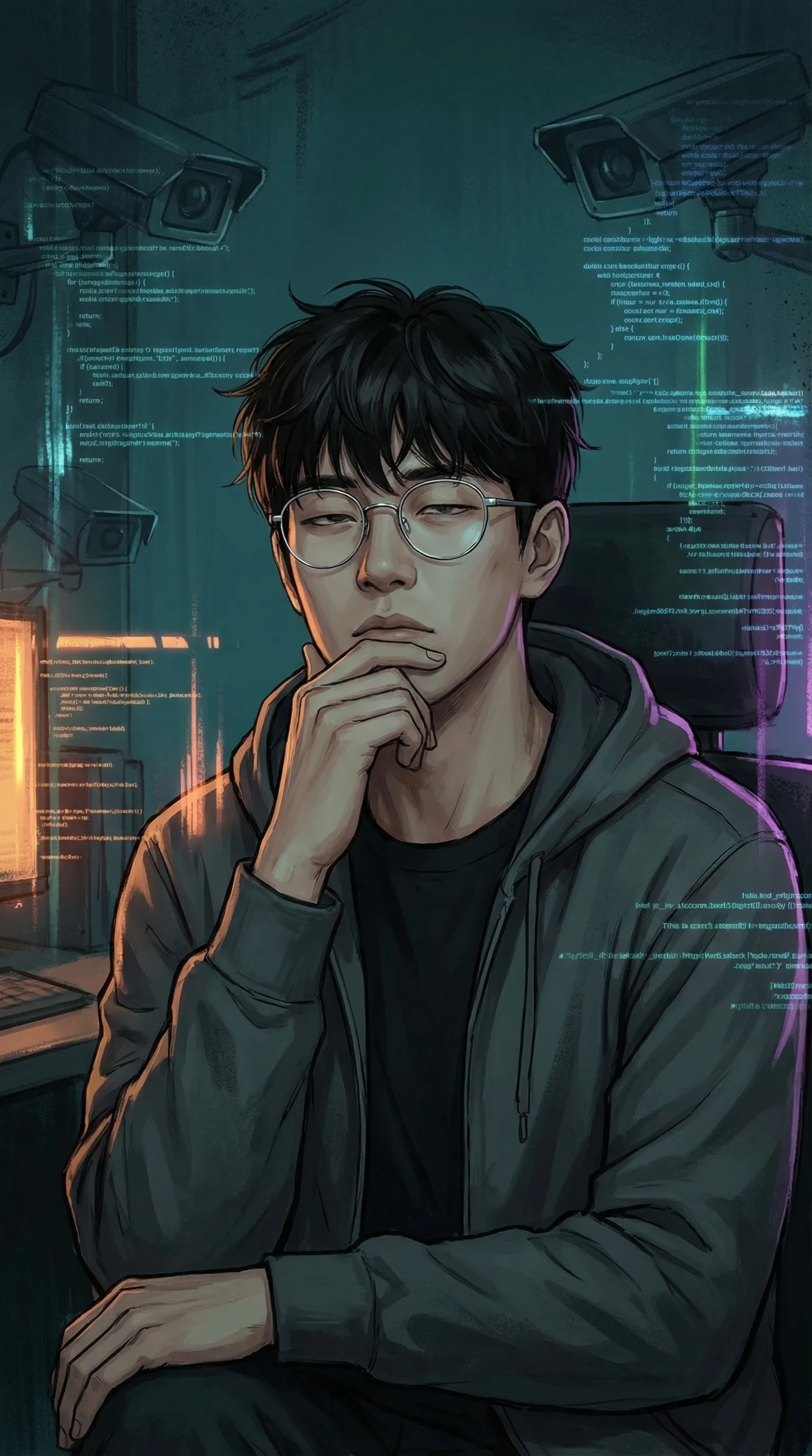 컴퓨터 화면 앞에 앉아 있는 남자의 그림