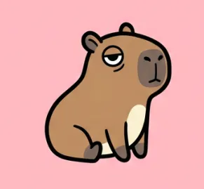 분홍색 배경에 앉아 있는 만화 카피바라