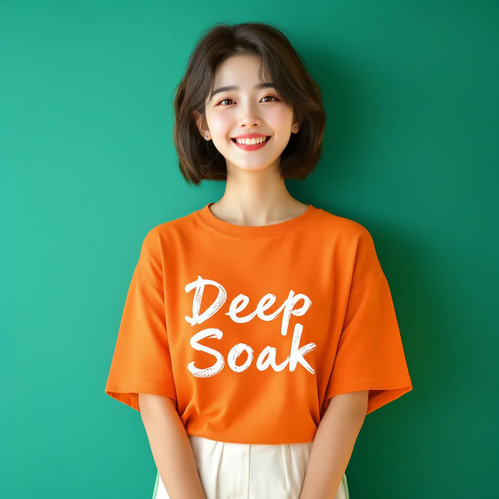 딥삭스라고 적힌 주황색 티셔츠를 입은 여자