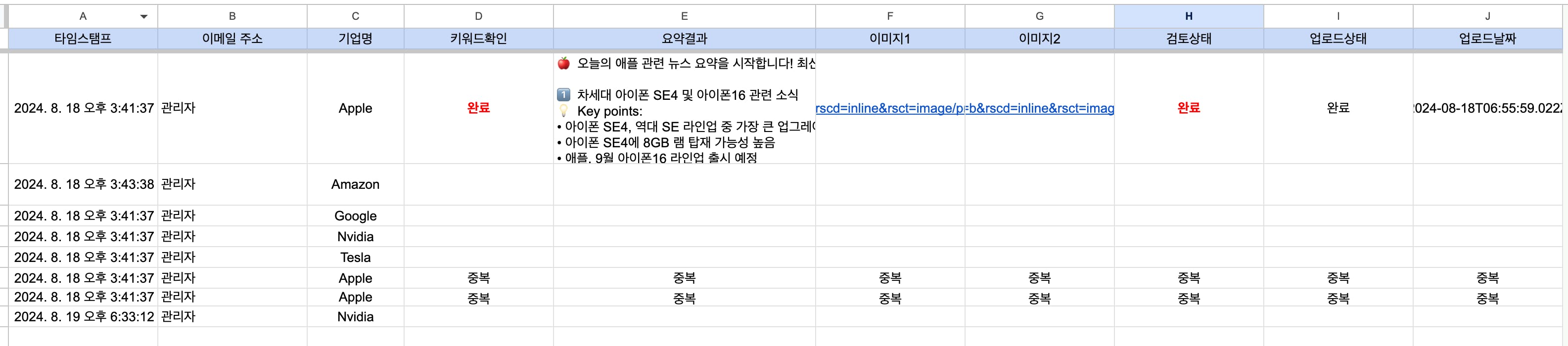 한자가 적힌 스프레드시트