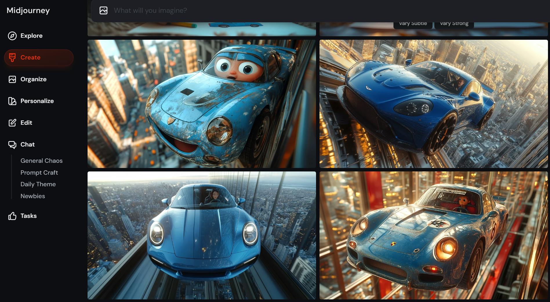 하늘을 나는 파란 자동차의 스크린샷