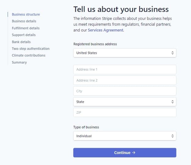 The page in the Stripe account the asks for a business information