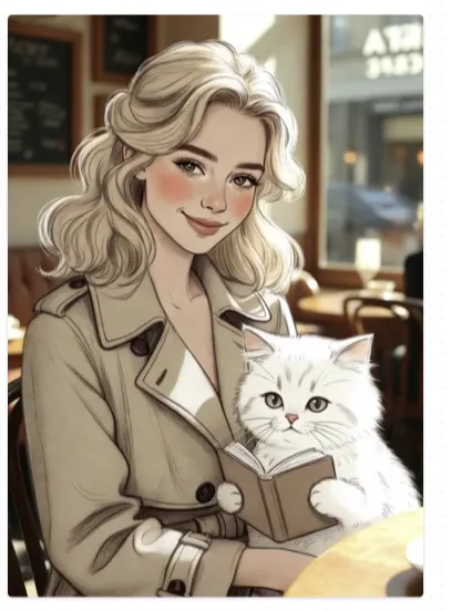 책과 흰 고양이를 들고 있는 금발 머리의 소녀