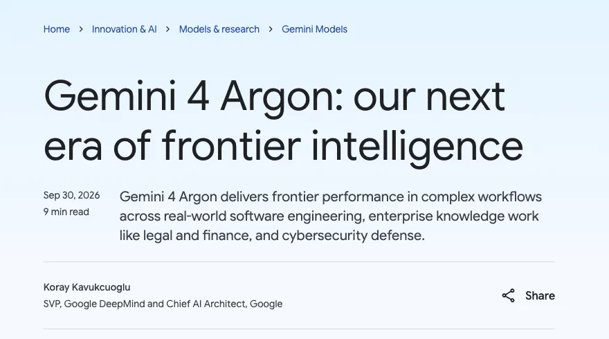 구글 공식 블로그의 제미나이 4 아르곤 발표 글 첫 화면. 제목 Gemini 4 Argon: our next era of frontier intelligence, 날짜 2026년 9월 30일, 작성자 코레이 카북추오글루