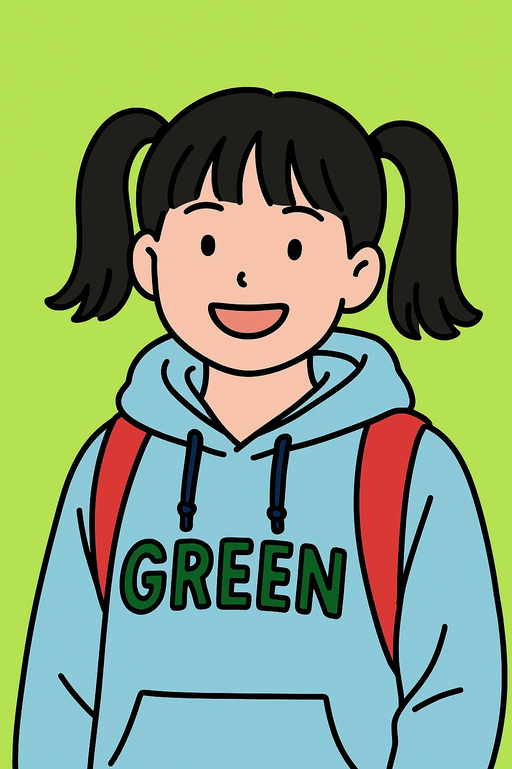 그린이라는 단어가있는 파란색 까마귀의 소녀