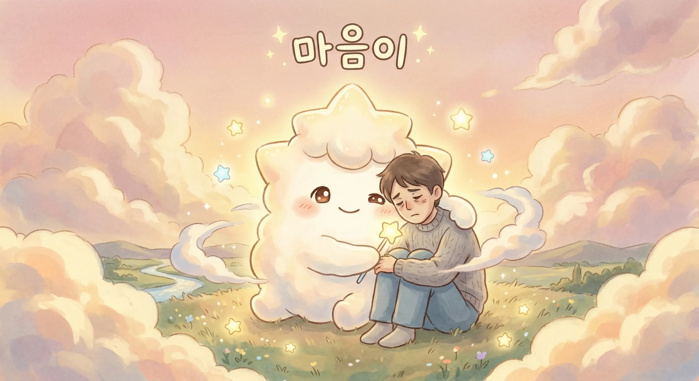 한 소년이 크고 푹신한 구름을 배경으로 구름 위에 앉아 있다