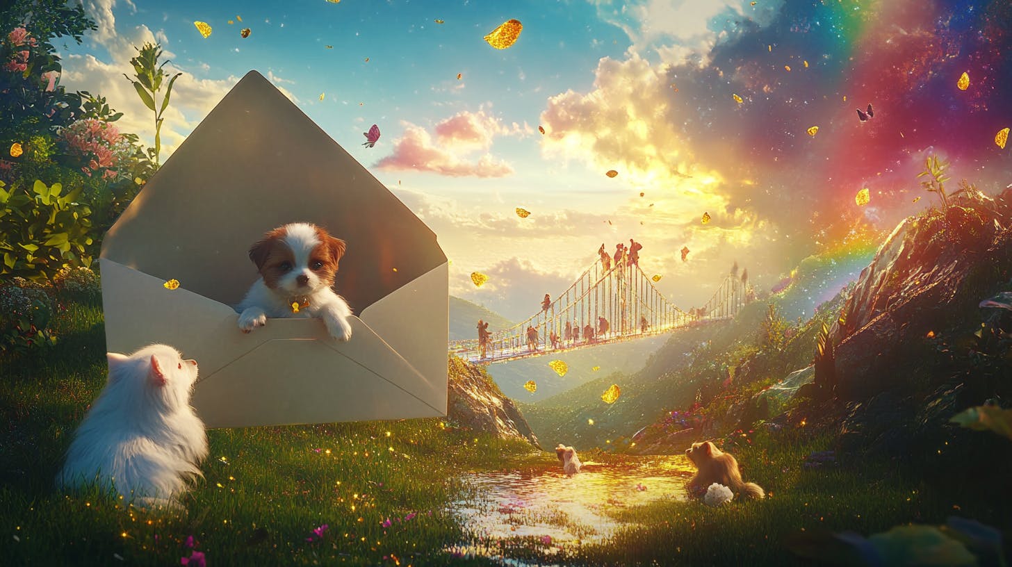 개가 잔디밭 한가운데 봉투 안에 앉아 있다