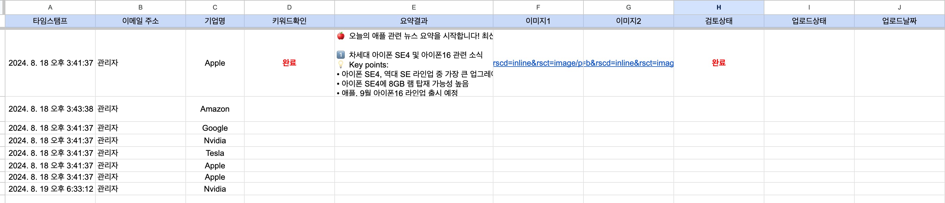 한자가 적힌 스프레드시트