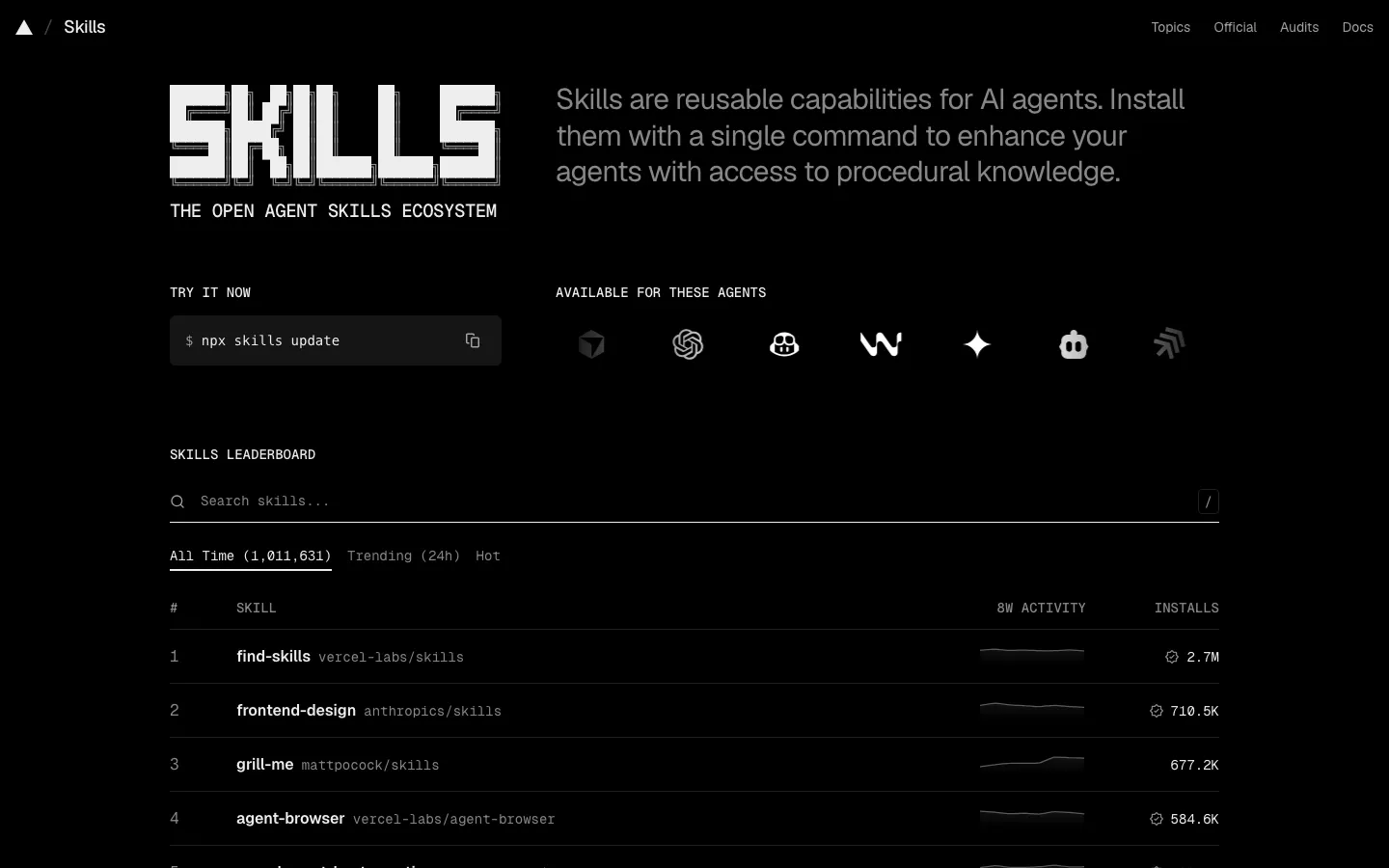 skills.sh 스킬 리더보드 화면 — 설치 수 상위 스킬 순위