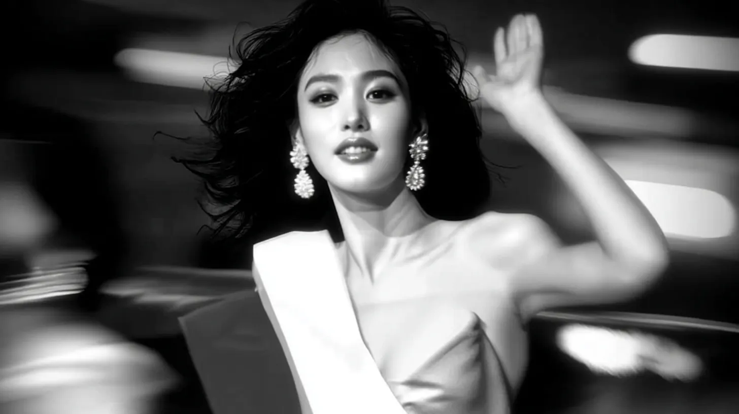 하얀 드레스를 입은 여자가 공중에서 흔들리고 있습니다