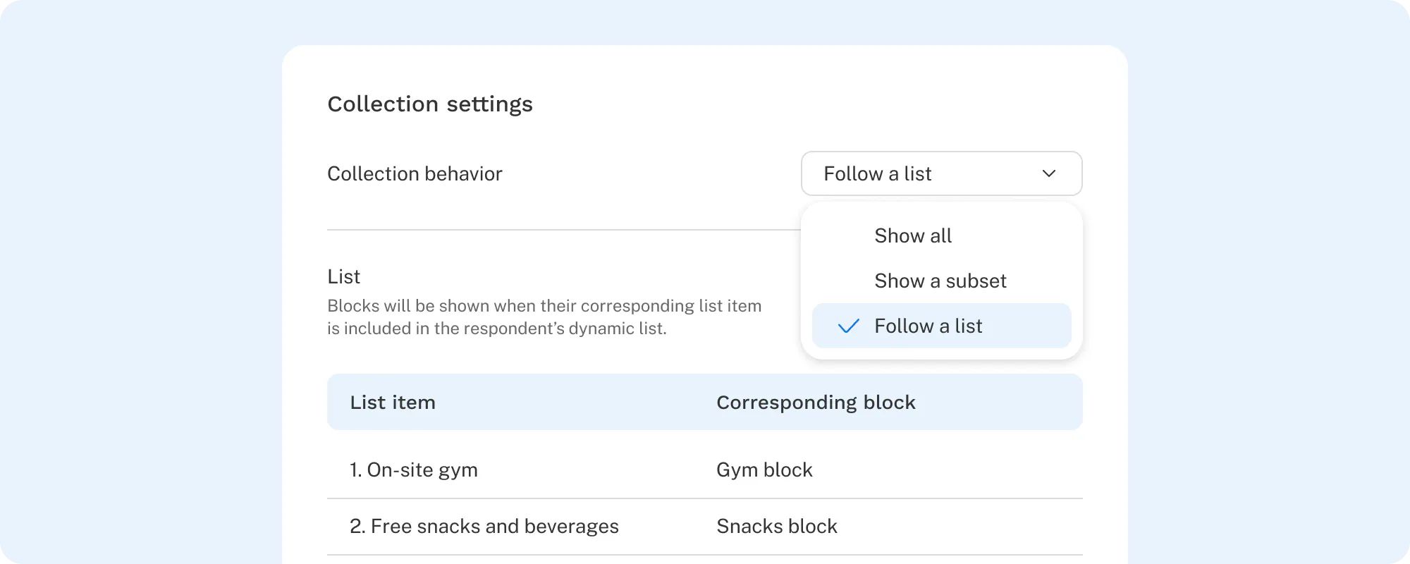 The follow a list collection setting is applied in the UI.