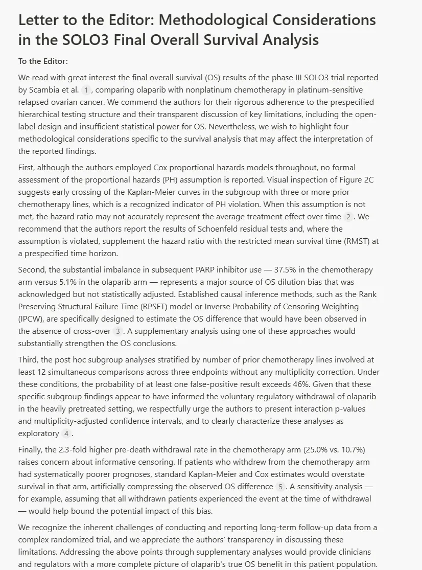 'SOS 최종 종합 생존 분석 편집자에게 보내는 편지'라는 제목의 편집자에게 보내는 편지