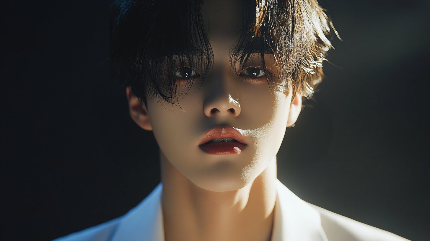 하얀 셔츠를 입은 청년이 카메라를 쳐다보고 있습니다.