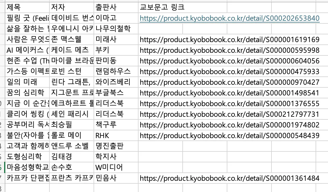 한국어 단어가있는 스프레드 시트의 스크린 샷