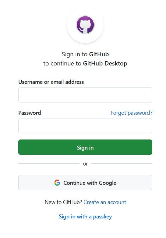 GitHub 데스크탑 계정의 로그인 화면