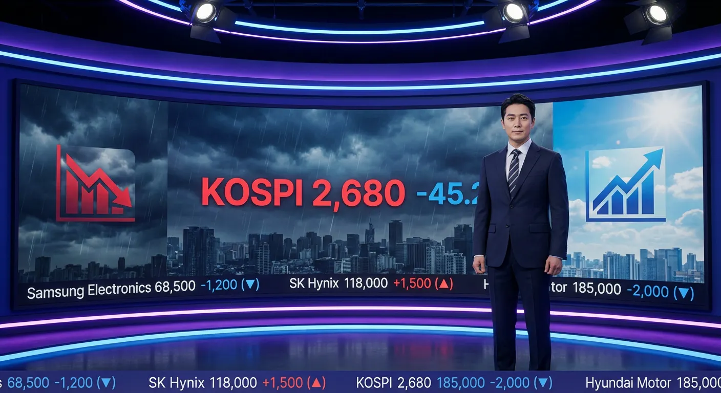 양복을 입은 남자가 TV 화면 앞에 서 있다