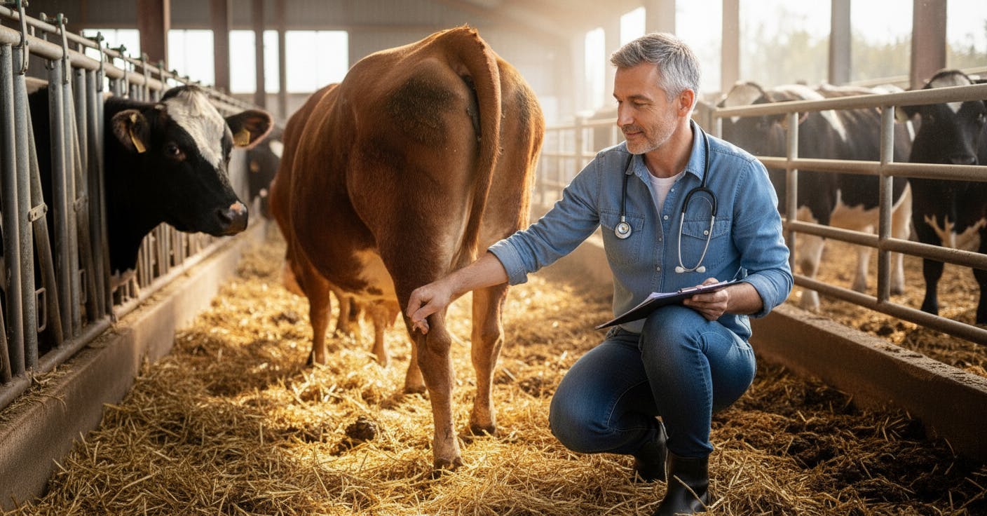 헛간에서 소 옆에 무릎을 꿇고있는 남자