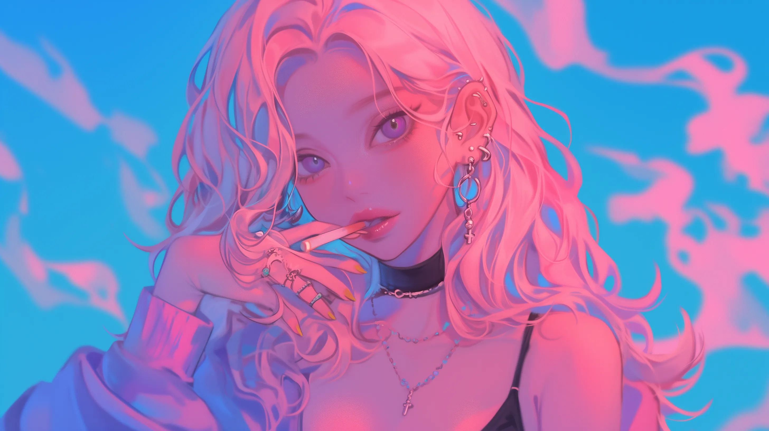 담배를 피우는 분홍색 머리의 소녀
