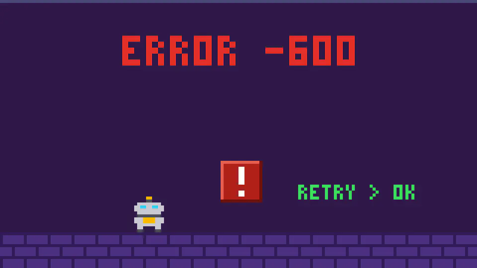 ERROR -600 오류 블록을 만난 로봇, 재시도 후 OK — 픽셀 일러스트