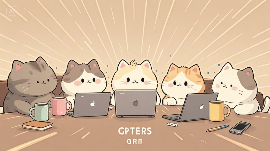 노트북을 들고 테이블 주위에 앉아 있는 고양이 무리