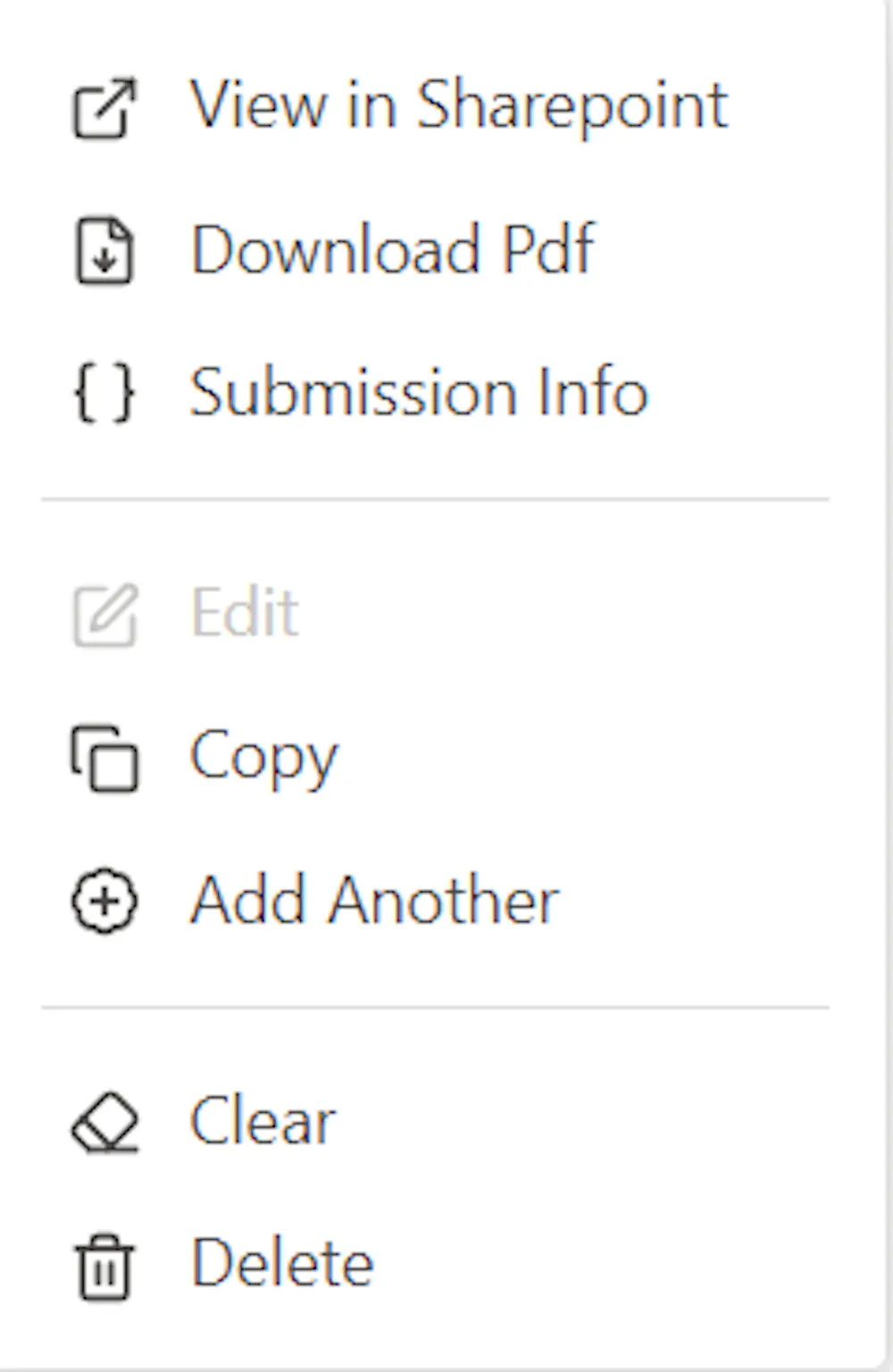 Toggle hide or disable 'View in Sharepoint', 'Submission info' and ...
