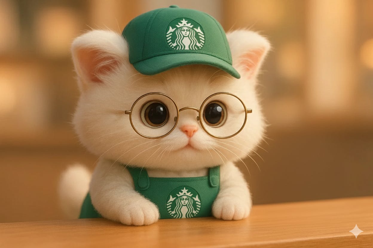 스타 벅스 모자와 안경을 쓰고있는 고양이