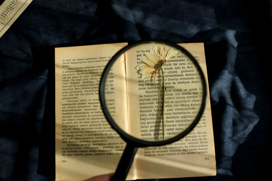 A magnifying glass highlights a dried flower on an open book, creating an artistic and vintage look.