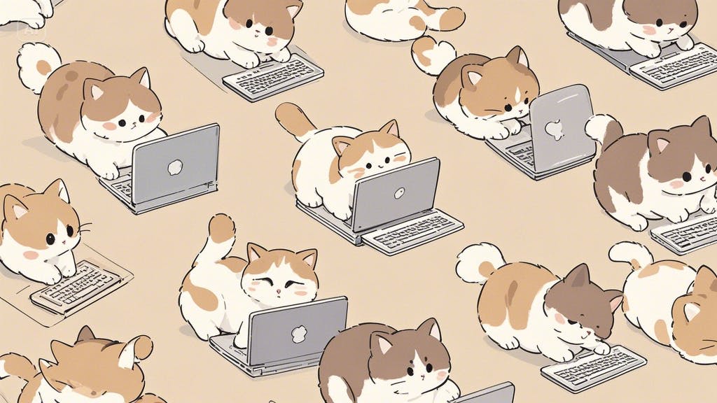 베이지색 배경에 노트북을 사용하는 고양이의 패턴