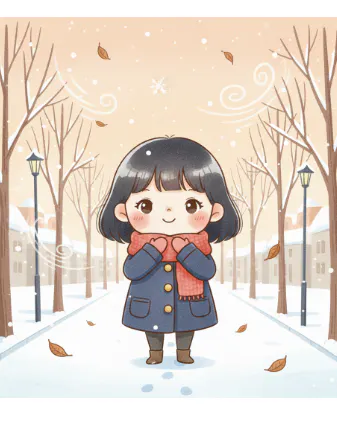 겨울 코트를 입은 만화 소녀가 눈 덮인 공원에 서 있다