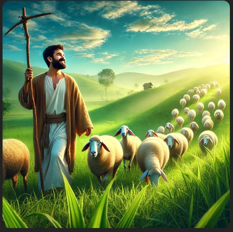 푸른 들판에서 양과 함께 걷고 있는 예수