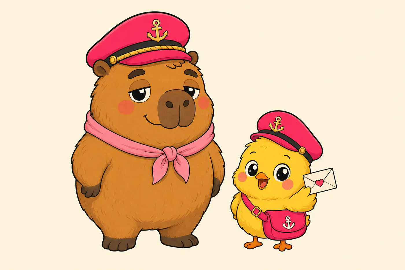 선원 모자를 쓴 곰과 병아리