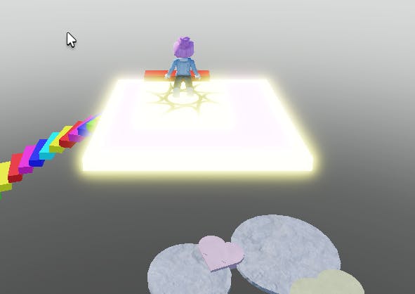 광장 한가운데에 무지개가있는 소녀의 3D 이미지