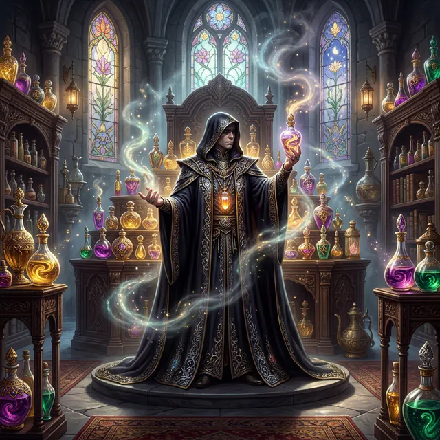 병이 가득한 방에 검은 가운을 입은 남자가 서 있다