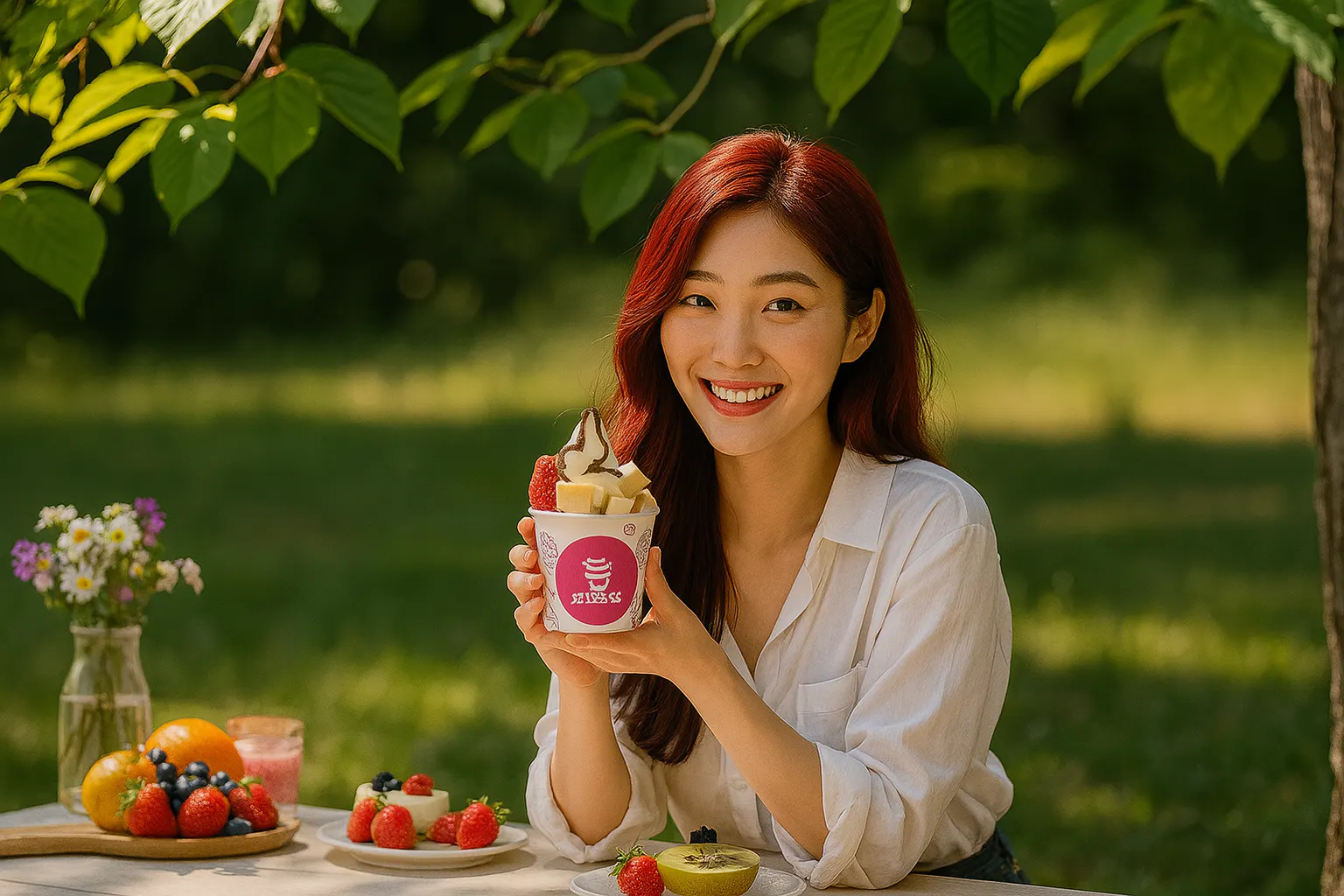 공원에서 아이스크림 한 잔을 들고있는 여자