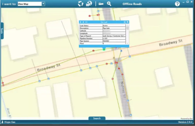 Map with blue buttons and lines on green and yellow streets, and a text box reads Gas Leak open over Broadway and Nutter