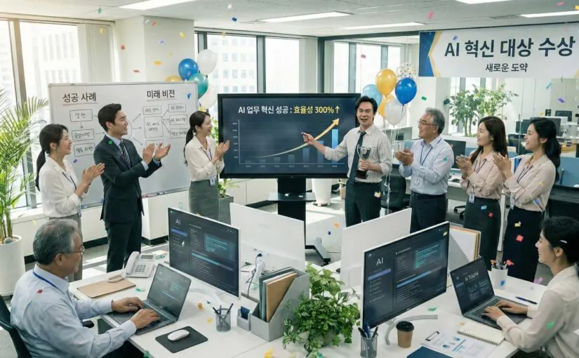 색종이 조각과 풍선을 들고 사무실에 있는 한 무리의 사람들