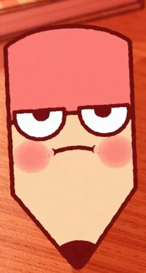 나무 테이블에 빨간 모자를 쓴 만화 캐릭터