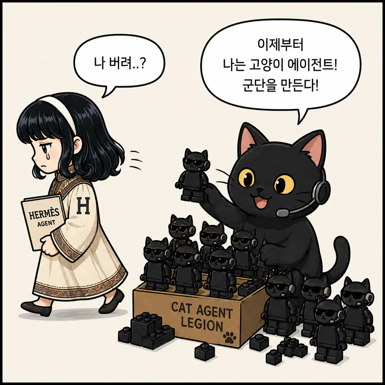 고양이와 레고 상자를 들고 있는 소녀의 만화