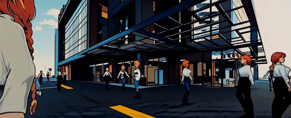 건물 앞을 걷고 있는 한 무리의 사람들