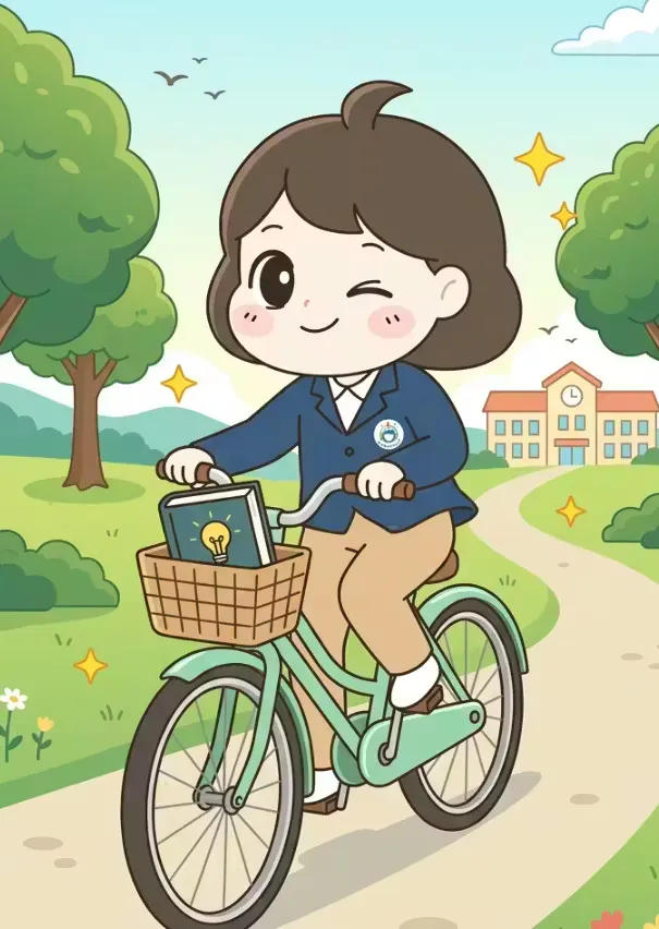 바구니에 책을 넣고 자전거를 타는 만화 소녀