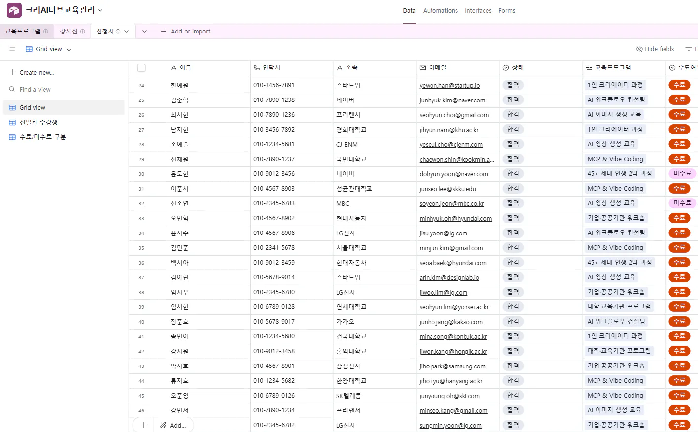 항목 목록을 보여주는 웹페이지의 스크린샷
