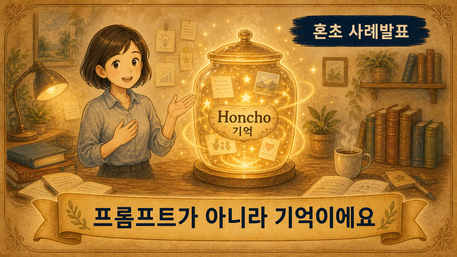 한 소녀가 책이 가득한 항아리를 들고 테이블에 앉아 있다